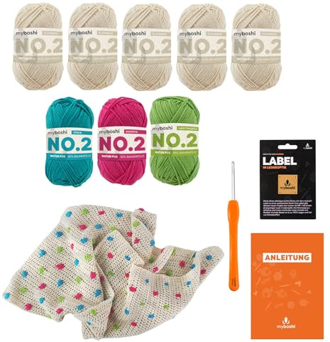 myboshi Häkelset Babydecke Pünktchen für Anfänger, inkl. No.2 Wolle, Nadel und Anleitung, für Babys und Amigurumi, Häkelpaket, 85% Baumwolle, 15% Kapok Beige mit Häkelnadel