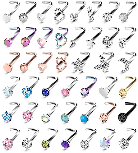 ONESING 44 Pcs 20G Nose Rings Studs Nose Piercings for Women and Men Surgical Steel Moon Star Heart L Shapes Nose Rings Hypoallergenic Nose Studs Body Piercings