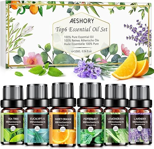 Aeshory 6 x 10ml Essential Oils Set 100% Pure Aromatherapy Essential Oil for Diffusers for Home, Candle Scents, Soap Making - Lemon, Lavender, Tea Tree, Eucalyptus, Orange, Peppermint