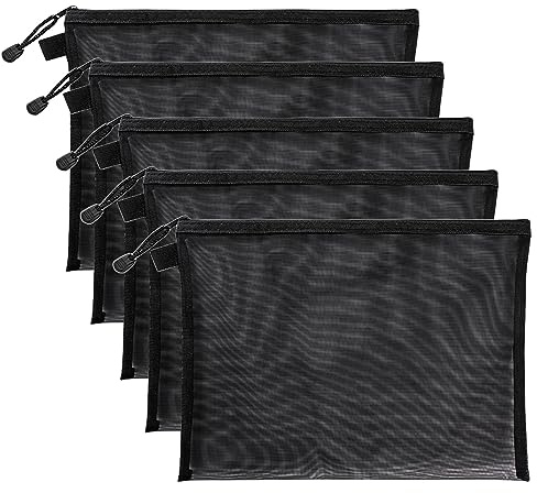 scicent 5 Pcs A4 Plastic Wallets File Bags Document Wallets with Zipper Folder Zip Lock Bags Document Zipper Bags Plastic Folder for School Travel Home Office Black-A4