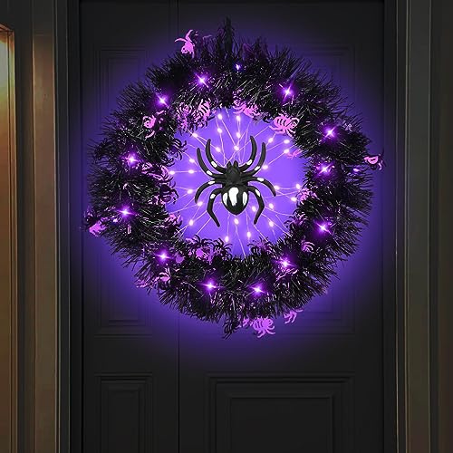 Halloween Türkranz mit Lichtern, künstliche Spinne Girlande Halloween Deko mit violetten Lichtern Halloween Dekorationen für Außen Innen Wand Atmosphere Decoration LED