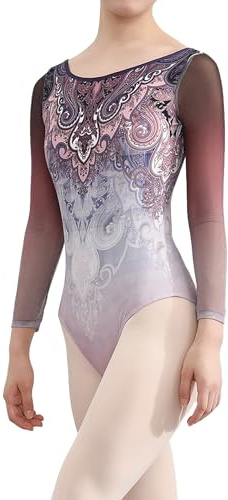 HROYL Body da Danza per Donna Manica Lunga Stampato Balletto Ginnastica Leotards Costumi di Danza per Donna,C10-Uva Rossa,S