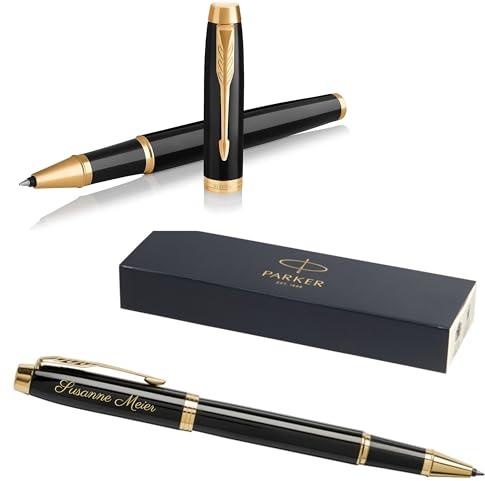 Parker IM Core Tintenroller mit Gravur | Premium Stift | Geschenkbox | schwarze Mine | personalisiertes Geschenk | Namen | Geburtstag (Black Lacquer G.C.)