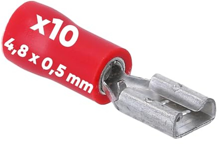 Kalitec 10x Flachsteckhülsen Rot 4,8x0,5 Kabelverbinder 0,5-1,5mm² | Teilisolierte Steckverbinder aus Messing mit PVC-Kragen - ideal für Kfz, Schaltschrankbau und Industrie - AWG 20-16