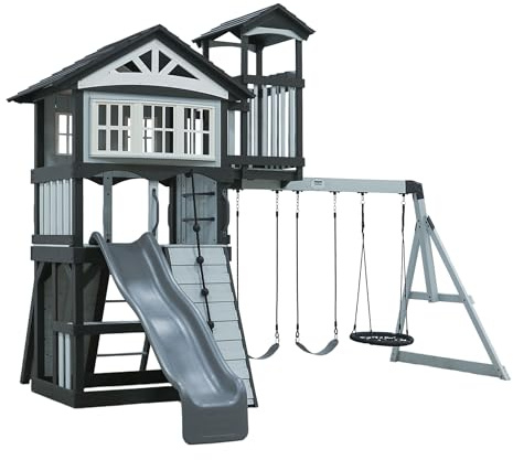 Backyard Discovery Whispering Point Light Gray Cedar Wood Swing Set with Wave Slide, Clubhouse, Crows Nest, Play Kitchen, Belt Swings, Web Swing, Rock Wall, Playhouse, Ladder, Windows, Outdoor Playset