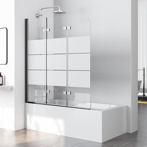 Duschwand für Badewanne Gestreift, Duschwand 140x140cm Badewannenaufsatz Duschwand Gestreift Schwarz 3-teilig Faltbar Duschabtrennung Badewanne mit 6mm NANO ESG-Glas