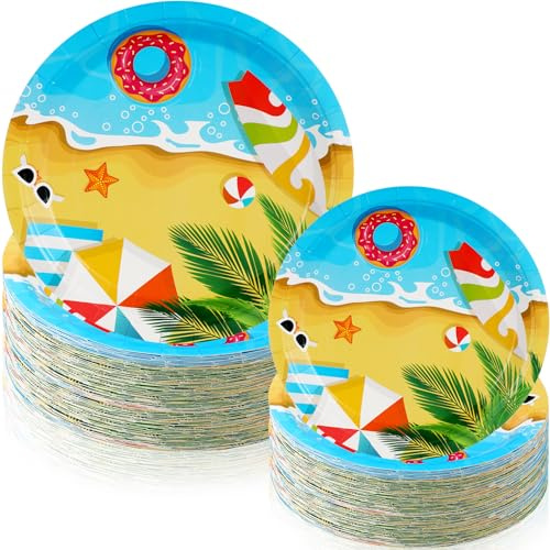 Havawish 120 Pcs Summer Party Paper Plates Disposable Round Paper Plate Dessert Plates Decorations for Summer Safari Theme Birthday, 7 Inch and 9 Inch(Beach Theme)
