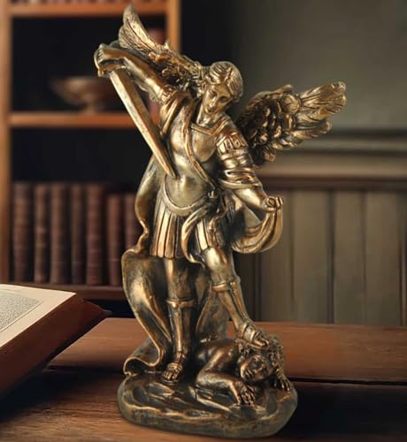PlentifulHome 5.32'' Tall St Michael Statue, Archangel Michael Sculpture, San Miguel Arcangel Figurine, Religious Collectible Angel Artwork (Bronze)