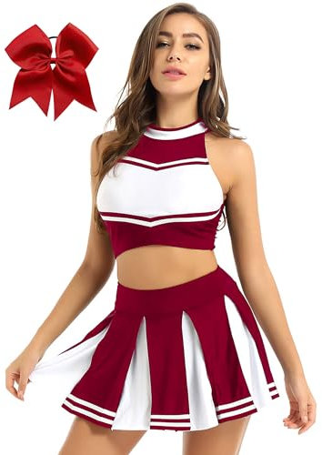inhzoy Damen Cheerleading Uniform Rock Top Schleife Haargummi Set Halloween Kostüm Karneval Faschingskostüm Party Tanz Set Weinrot XXL