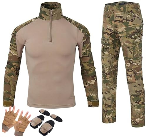 HAZARA Airsoft Kleidung Langarm-Rip-Stop-Uniformen Anzug Kampfhemd Und Hose Set mit Ellbogenschützern,Knieschützern und Kampfhandschuh Militärische Taktische Anzüge,Camo-M