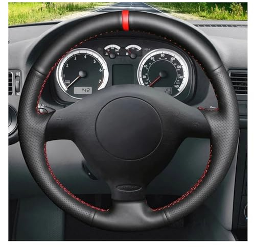 Funda Volante Coche Para Seat Para Leon MK1 (1M) 1998-2005 Para Skoda Para Fabia RS 2003 Para Fabia 1 (6Y) 2004-2005 Protector cuero artificial negro para volante coche Cubierta de Volante(Red Thread)