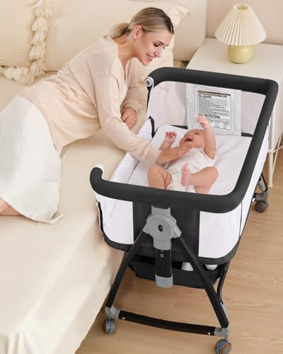 wayfong 3 in 1 Baby Bassinet Crib with Breathable Mesh, Bassinet Bedside Sleeper with Wheels, Mosquito Net, Storage Basket, 6 Height Adjustable, Easy to Assemble, Bassinets for Newborn Baby