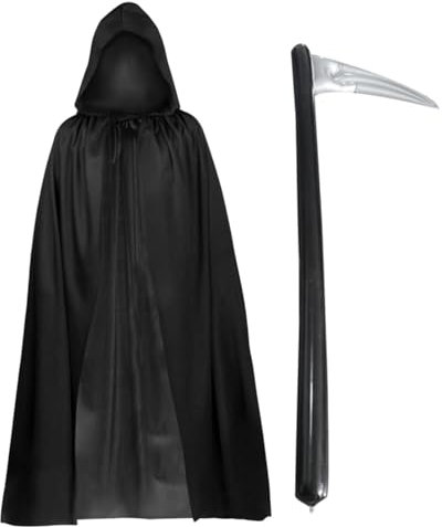 FUIPVGI 2 Pezzi Costume da Triste Mietitore Mantello Nero con Cappuccio Lungo 140 cm Falce Gonfiabile,Misteriosi Costumi da Mietitore Horror per Halloween Vestire per Bambini Adulti Halloween (Nero)