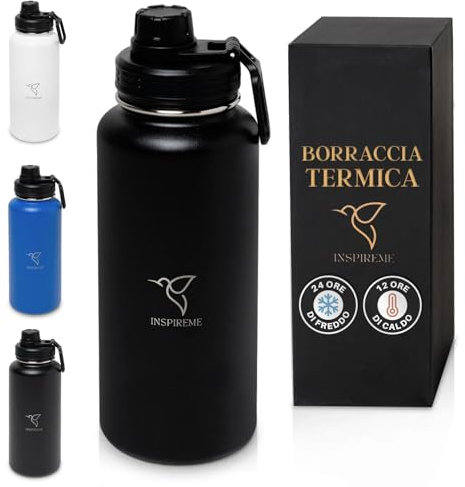 Inspireme Borraccia Termica 1 Litro Acciaio Inox | Bottiglia Termica 1 Litro A Prova Di Perdite | Borraccia Palestra | Nero, Blu O Bianco. (Nero)