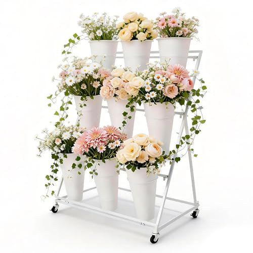 RudiUsoy 3 Tier Metal Plant Stand with 9 Buckets, Wheels, Heavy Duty Flower Cart for Indoor/Outdoor, Garden, Florist