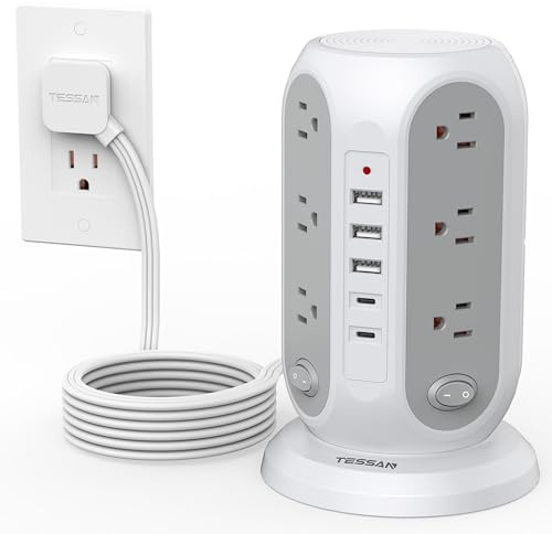 TESSAN Tower Power Strip with Individual Switches, Surge Protector with 12 Outlets, 5 USB Ports(2 USB C), Flat Extension Cord 10 Ft, 1250W, Charging Station for Multiple Devices, Office, Dorm, Grey
