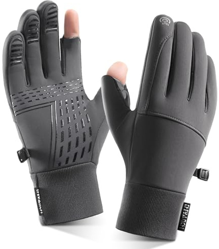SIWOKJJO Windproof and Waterproof Warm Gloves with Finger Cap - 1Pair Bicycle Gloves 2-Fingerless Windproof Waterproof Touchscreen Running Gloves for Running Cycling Driving Fishing, Unisex (Grey)