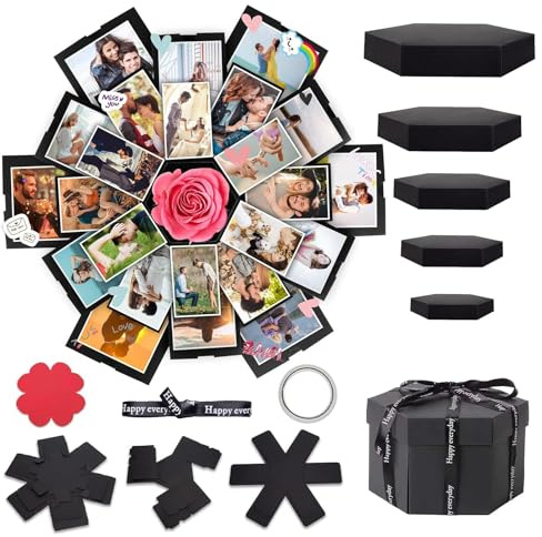 Explosionsbox, Schwarz 6-seitig Explodierende Geschenkbox für Fotos und Pralinen, DIY Explodierende Box, Kreative Scrapbook Geschenkbox für Geburtstag, Hochzeit, Jubiläum, Valentinstag, Weihnachten