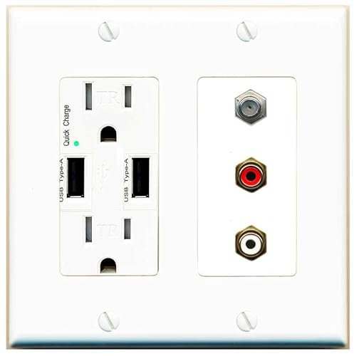 RiteAV Placa de pared para TV con cable coaxial de 1 puerto con 2 conectores RCA (rojo + blanco) - Cargador USB [blanco]