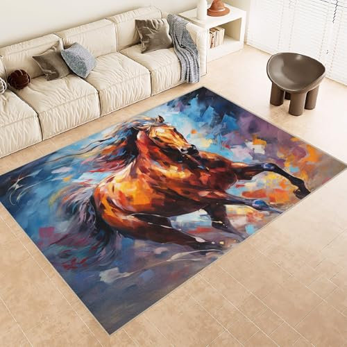 Generisch Teppich Wohnzimmer Schlafzimmer Kurzflor 50x80 cm Buntes Pferd Im Galopp Waschbar einfache Pflege Weich rutschfest Vintage Teppich,Esszimmer und Kinderzimmer