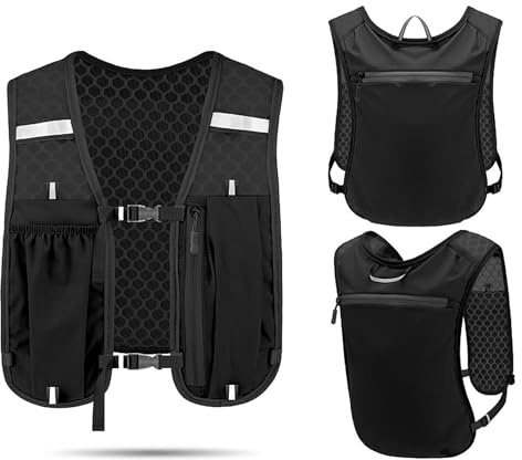 Unisex Running Vest with Phone Holder & Storage Adjustable Hydration Vest Lightweight & Breathable Running Backpack for Running Cycling Hiking (black, one size)