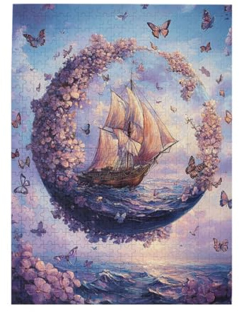Cafemira 500 Pieces Wooden jigsaw Puzzle for Adults,Floating Floral Sphere Butterflies and Blossoms on Ocean Surface,Pieces Fit Together Perfectly,Relieve stress & enjoy the fun of solving