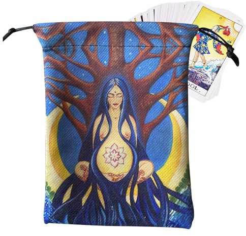 Tarotkartentasche mit Kordelzug – Spirituelles Symbol | Mather Earth Pattern, Stoffbeutel mit Mondphase, esoterische Aufbewahrungsverpackung für Kristalle, Schmuck, Geschenk Tarot Rune Deck