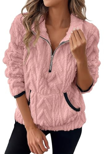 Felpa da donna con cappuccio a mezza cerniera in peluche con tasca carina per le donne, rosa, L