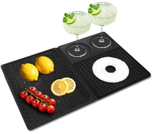 Bar Mat for Countertop Foldable, 12 x 18 Inch Silicone Rubber Coffee Home Drying Mat for Bartending, Built-in Salt Rimmer, Bar Essentials Accessories for Cocktail Outdoor Picnic Camping Travel