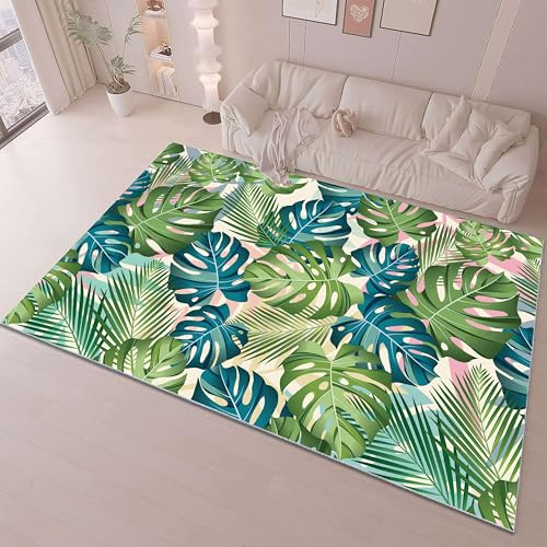 ZCLRUG Tropical Plant Area Rug, 120 x 180 cm Green blue Monstera palm leaves Rug, soft Non-Slip Low Pile Modern style Washable Floor mat for Bedroom Living Room Kitchen Easy Care Carpet