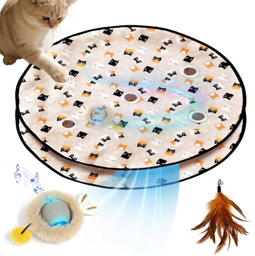 BCYPMYC Cat Toys,Interactive Cat Toy,5 Holes Maze Mat Automatic Moving Ball Kitten Toys in Pouch,Will Emit Bird Call, Feather Tail, Touch Activation, Smart Mouse Catching Game