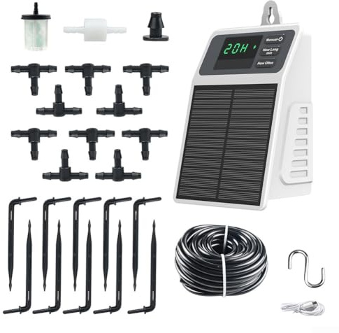 Sistema di irrigazione a goccia ad energia solare, batteria da 2200 mAh con timer intelligente e tubo da 10 m per irrigazione automatica delle piante in giardino o piante in vaso