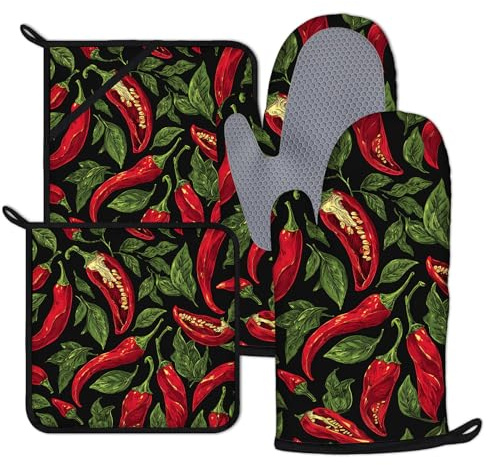 Mexican Hot Red Chili Peppers Oven Mitts and Pot Holders Sets 4Pcs Silicone Kitchen Gloves Heat Resistant Potholders for Baking Cooking Grilling BBQ