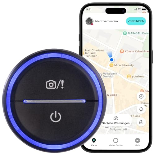 Lescars Blitzerwarner: Akku-Gefahrenstellen-Warner mit Bluetooth und App, Multicolor-LED-Ring (Gefahrstellenwarner, Autozubehör, Drive)