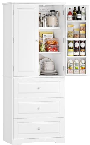 FOREHILL Küchenschrank Vorratsschrank Buffetschrank mit 3 Schubladen, 8 Türregalen und 2 Türen, Mehrzweckschrank für Küche, Esszimmer, Badezimmer und Wohnzimmer, 60x40x150cm, Weiß