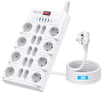 BEVA 18 Prises Multiprise,2100J Multiprise Parafoudre et Surtension,Blanc | 3680W/16A Prise Electrique 4 USB-A +2 USB-C(15W), Prise Multiple avec Terre, Câble 2M