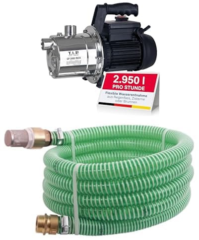 T.I.P. Edelstahl Gartenpumpe GP 3000 INOX - Leistungsstarke 550 W Pumpe mit 2950 l/h Leistung - Robustes, korrosionsbeständiges Pumpengehäuse, 30111 + T.I.P. 30907 Saugschlauch Messing 7m Grün