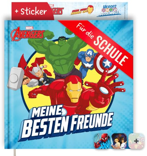 PRINTHOUSE Freundebuch Schule Jungen Avengers - inkl. Sticker - Offiziell lizensiertes Marvel Produkt - Einschulung Geschenk - Schultüten Füllung - Einschulung Junge - Freundschaftsbuch Grundschule