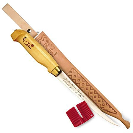 Cuchillo de filetear Fish 'N, hoja de acero inoxidable de 4 pulgadas, mango de abedul, sacapuntas, funda de cuero