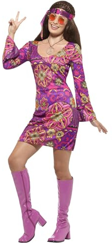 Smiffys Hippie Chick Costume, Multi-Coloured with Dress, Headscarf & Medallion, 1960's Groovy Fancy Dress, Adult Dress Up Costumes