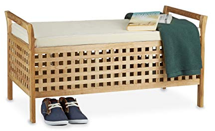 Relaxdays 10020149 Banco con almacenaje de Madera de Nogal, Forro de Lino, 46,5 x 92,6 x 49 cm, Color Natural