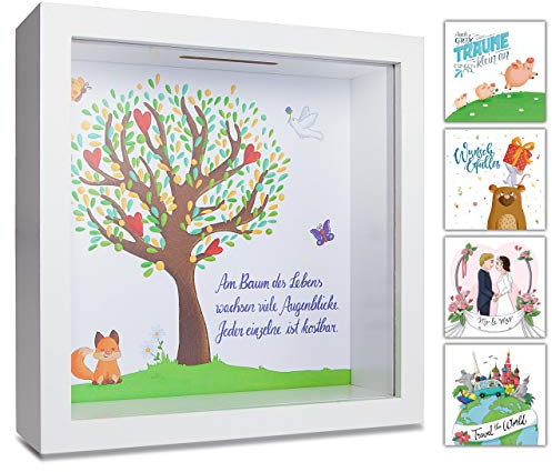 GLÜCKSWOLKE Spardose - Motiv Lebensbaum I Geschenk für Taufe, Kommunion, Konfirmation, Jugendweihe, Abitur I Taufgeschenke Mädchen Junge I 3D Bilderrahmen Sparbüchse I Sparschwein Geldgeschenke