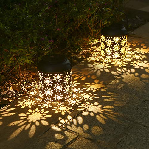 2 Pack Solar Lantern Light Outdoor Hanging Garden Lights Metal Lamp Courtyard Decorations for Patio Yard,Porch,Lawn,Art Garden Accessories