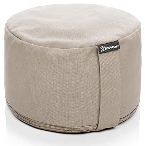 BODYMATE Extra-Hohes Yogakissen rund 31cm Durchmesser 20cm hoch Leinen-Grau hell mit Buchweizen-Spelz Füllung – Maschinenwaschbarer Bezug aus 100% extra dicker Baumwolle – Meditationskissen