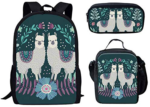 Binienty 3-in-1-Rucksack mit Lunchtasche und Federmäppchen für Kinder, Jungen, Mädchen, Schulschulranzen, Lama Alpaka, Einheitsgröße,