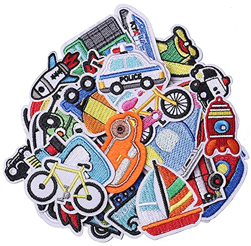 TACVEL 30 Stück Auto-Aufnäher zum Aufbügeln für Kinderkleidung, Verkehrsthema, bestickt, zum Aufnähen für Jacken, Rucksäcke, Mützen, Jeans