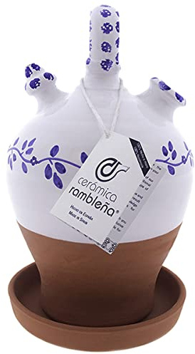 CERÁMICA RAMBLEÑA | Cruche en argile rouge | Pichet décoré avec anse ronde base tournée Blue Border - Modèle D06 de La Rambla (Córdoba) | 100% fait main | 3.5 litres | ÉCHO | plat inclus