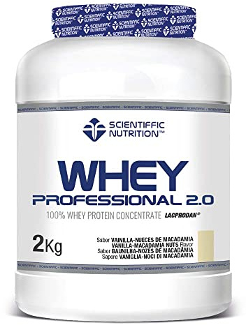 Scientiffic Nutrition - Whey Professional 2.0 Proteinas Whey en Polvo 100% Pura, para Aumentar la Masa Muscular, con Enzimas Digestivas y Lactasa - 2kg, Sabor Vainilla - Nueces.