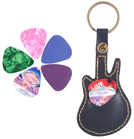 Leather Guitar Picks Holder with 5 Pcs Picks Set Guitar Shape Plectrum Case Bag Keychain Keyring Guitar Accessories Gifts for Men and Women Gifts (Random)