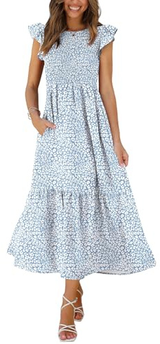 OFEEFAN Smocked Dress Women Blue Dress Maternity Maxi Dress Ruffle Sleeve Boho Dress XS